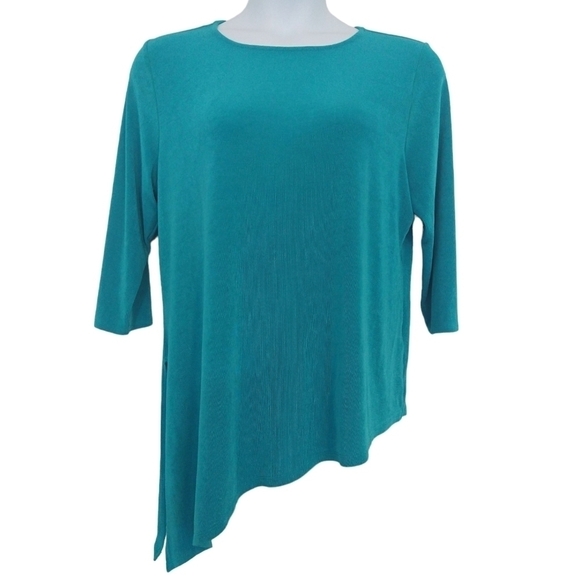 Chico's Travelers Blue Slinky Knit 3/4 Sleeve Tunic Asymmetrical Hem Stretchy - Picture 1 of 10